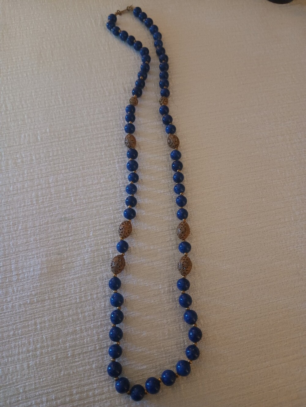 Miriam Haskell lapis lazuli long beaded necklace Filigree accents Signed